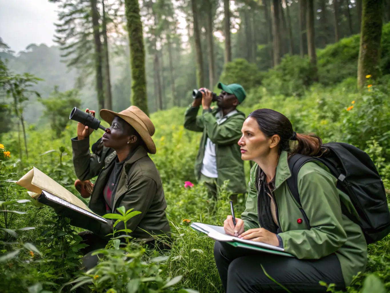 A photograph illustrating SCC members conducting a wildlife census in the forests of Centrès, emphasizing the importance of data collection for effective wildlife management.