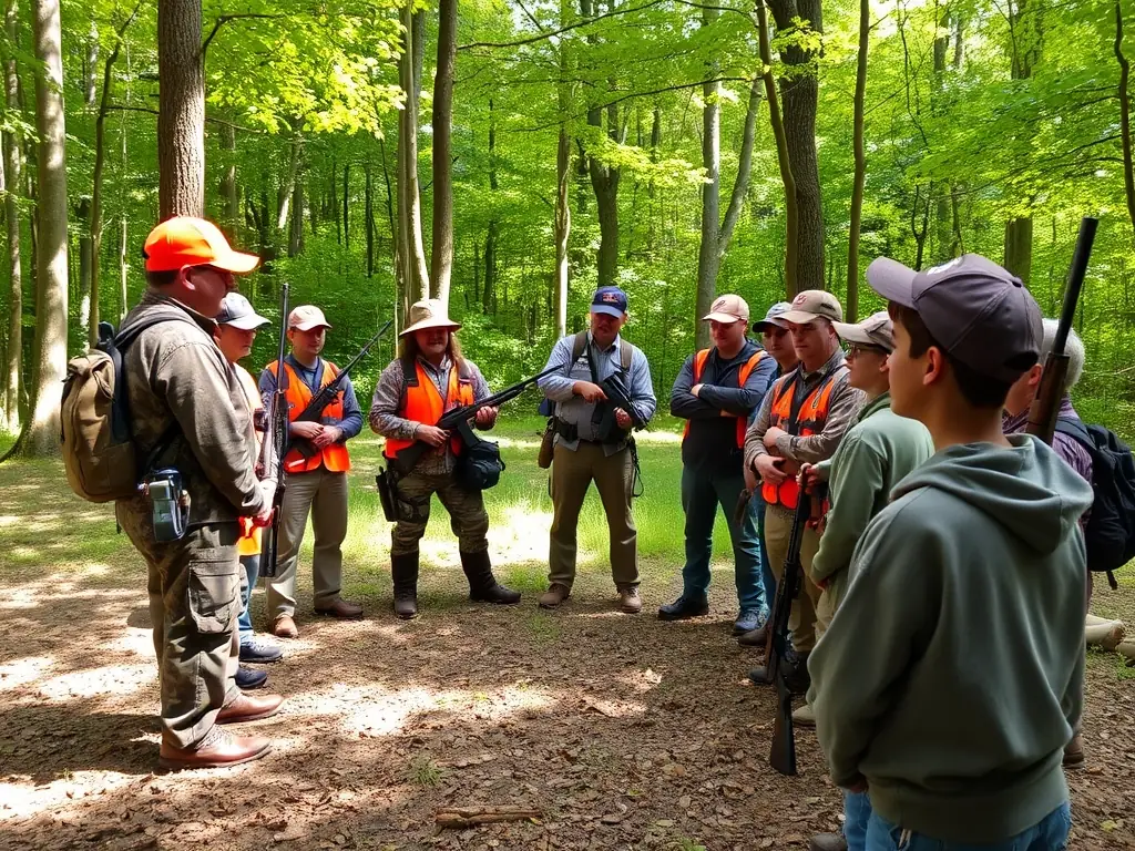 A photograph showing SCC members leading a workshop on responsible hunting practices for local youth in Centrès, highlighting community engagement and education.
